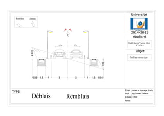 CL
+2% -2%
1.51331 0.94
1.89
2.078
Projet
Prof.
Echelle
Ing.Samer Zakaria
1/100
routes et ouvrage d'arts
Abdel-Karim Yahya Jaber
Objet
TYPE:
Profil en travers type
Notes:
2014-2015
1.50.93
1.5H
1V
1H
2V
Remblais
Remblais
 