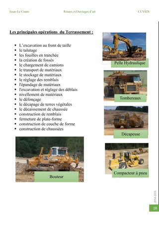 2014-2015
Issae-Le Cnam Routes et Ouvrages d’art CCV028
18
Les principales opérations du Terrassement :
 L’excavation au front de taille
 le talutage
 les fouilles en tranchée
 la création de fossés
 le chargement de camions
 le transport de matériaux
 le stockage de matériaux
 le réglage des remblais
 l'épandage de matériaux
 l'excavation et réglage des déblais
 nivellement de matériaux
 le défonçage
 le décapage de terres végétales
 le décaissement de chaussée
 construction de remblais
 fermeture de plate-forme
 construction de couche de forme
 construction de chaussées
Pelle Hydraulique
Tombereaux
Décapeuse
Compacteur à pneu
Bouteur
 