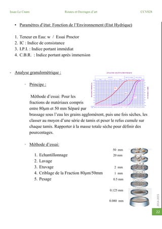 2014-2015
Issae-Le Cnam Routes et Ouvrages d’art CCV028
22
• Paramètres d’état: Fonction de l’Environnement (Etat Hydrique)
1. Teneur en Eau: w / Essai Proctor
2. IC : Indice de consistance
3. I.P.I. : Indice portant immédiat
4. C.B.R. : Indice portant après immersion
- Analyse granulométrique :
· Principe :
Méthode d’essai: Pour les
fractions de matériaux compris
entre 80μm et 50 mm Séparé par
brassage sous l’eau les grains agglomèrent, puis une fois sèches, les
classer au moyen d’une série de tamis et peser le refus cumule sur
chaque tamis. Rapporter à la masse totale sèche pour définir des
pourcentages.
· Méthode d’essai:
50 mm
1. Echantillonnage 20 mm
2. Lavage
3. Etuvage 2 mm
4. Criblage de la Fraction 80μm/50mm 1 mm
5. Pesage 0.5 mm
0.125 mm
0.080 mm
 