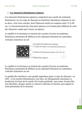 2014-2015
Issae-Le Cnam Routes et Ouvrages d’art CCV028
35
2. Les chaussées bitumineuses épaisses
Les chaussées bitumineuses épaisses comportent une couche de roulement
bitumineuse sur un corps de chaussée en matériaux bitumineux disposés en une
ou deux, voire trois couches, dont l'épaisseur totale est comprise entre 15 et 40
cm. Le fonctionnement des chaussées épaisses est d’autant plus différent de celui
des chaussées souple que l’assise est épaisse.
La rigidité et la résistance en traction des couches d’assise en matériaux
bitumineux permettent de diffuser en les atténuant fortement les contraintes
verticales transmises au sol.
La rigidité et la résistance en traction des couches d’assise en matériaux
bitumineux permettent de diffuser en les atténuant fortement les contraintes
verticales transmises au sol.
La qualité des interfaces a une grande importance pour ce type de chaussée ; en
effet : si les couches bitumineuses sont liées, les allongements maximaux se
produisent à la base de la couche liée la plus profonde ; par contre, lorsqu’elles
sont décollées, chaque couche se retrouve sollicitée en traction, provoquant la
ruine prématurée de la structure.
 