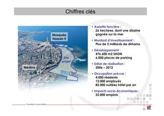 Chiffres clés

                                   • Assiette foncière :
                                      26 hectares, dont une dizaine
                Mosquée               gagnée sur la mer
                Hassan II
                                   • Montant d’investissement :
                                     Plus de 5 milliards de dirhams
                                   • Développement :
                                      476.600 m2 SHON
                       Site           6.000 places de parking
                      projet
                                   • Délai de réalisation :
Médina                                2006 – 2012
                                   • Occupation prévue :
                                      4.000 résidents
                                      12.000 employés
                                      85.000 nuitées hôtel par an
                                   • Impacts socio-économiques :
                                      25.000 emplois

         CASABLANCA
 