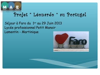 Projet “ Léonardo ” au Portugal
Séjour à Faro du  1er
au 29 Juin 2013
Lycée professionnel Petit Manoir
Lamentin - Martinique
 