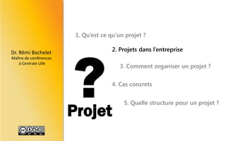 Dr.RémiBachelet 
Maître de conférences 
à Centrale Lille 
Projet 
1. Qu’est ce qu’un projet ? 
2. Projets dans l’entreprise 
3. Comment organiser un projet ? 
4. Cas concrets 
5. Quelle structure pour un projet ?  