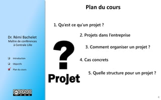 Dr.RémiBachelet 
Maître de conférences 
à Centrale Lille 
Introduction 
Objectifs 
Plan du cours 
Plan du cours 
Projet 
1. Qu’est ce qu’un projet ? 
2. Projets dans l’entreprise 
3. Comment organiser un projet ? 
4. Cas concrets 
5. Quelle structure pour un projet ? 
 
4 
 