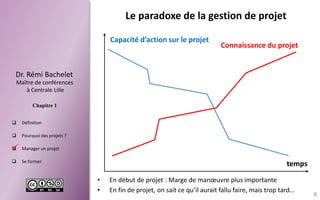 Dr.RémiBachelet 
Maître de conférences 
à Centrale Lille 
Chapitre 1 
Définition 
Pourquoidesprojets? 
Managerunprojet 
Seformer 
8 
 
Le paradoxe de la gestion de projet 
•En début de projet : Marge de manoeuvre plus importante 
•En fin de projet, on sait ce qu’il aurait fallu faire, mais trop tard… 
Capacité d’action sur le projet 
Connaissance du projet 
temps  