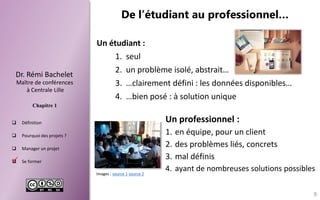Dr.RémiBachelet 
Maître de conférences 
à Centrale Lille 
Chapitre 1 
Définition 
Pourquoidesprojets? 
Managerunprojet 
Seformer 
De l’étudiant au professionnel… 
9 
 
Un étudiant : 
1.seul 
2.un problème isolé, abstrait… 
3.…clairement défini : les données disponibles… 
4.…bien posé : à solution unique 
Un professionnel : 
1.en équipe, pour un client 
2.des problèmes liés, concrets 
3.mal définis 
4.ayant de nombreuses solutions possibles 
Images : source 1source 2  