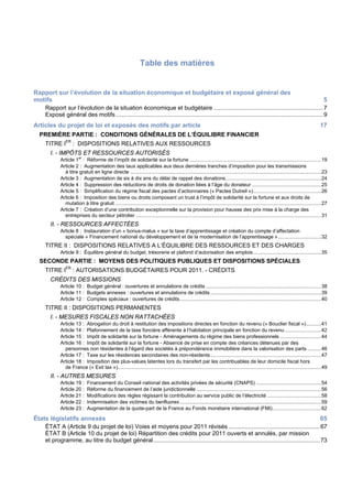 Table des matières


Rapport sur l’évolution de la situation économique et budgétaire et exposé général des
motifs                                                                                                                                                      5
   Rapport sur l’évolution de la situation économique et budgétaire ...................................................................7
   Exposé général des motifs ...............................................................................................................................9
Articles du projet de loi et exposés des motifs par article                                                                                                                                17
  PREMIÈRE PARTIE : CONDITIONS GÉNÉRALES DE L’ÉQUILIBRE FINANCIER
    TITRE IER : DISPOSITIONS RELATIVES AUX RESSOURCES
      I. - IMPÔTS ET RESSOURCES AUTORISÉS
              Article 1er : Réforme de l’impôt de solidarité sur la fortune ...............................................................................................19
              Article 2 : Augmentation des taux applicables aux deux dernières tranches d’imposition pour les transmissions
                à titre gratuit en ligne directe ..........................................................................................................................................23
              Article 3 : Augmentation de six à dix ans du délai de rappel des donations.....................................................................24
              Article 4 : Suppression des réductions de droits de donation liées à l’âge du donateur ..................................................25
              Article 5 : Simplification du régime fiscal des pactes d’actionnaires (« Pactes Dutreil »).................................................26
              Article 6 : Imposition des biens ou droits composant un trust à l’impôt de solidarité sur la fortune et aux droits de
                mutation à titre gratuit .....................................................................................................................................................27
              Article 7 : Création d’une contribution exceptionnelle sur la provision pour hausse des prix mise à la charge des
                entreprises du secteur pétrolier ......................................................................................................................................31
        II. - RESSOURCES AFFECTÉES
              Article 8 : Instauration d’un « bonus-malus » sur la taxe d’apprentissage et création du compte d’affectation
                spéciale « Financement national du développement et de la modernisation de l’apprentissage » ...............................32
      TITRE II : DISPOSITIONS RELATIVES A L’ÉQUILIBRE DES RESSOURCES ET DES CHARGES
              Article 9 : Équilibre général du budget, trésorerie et plafond d’autorisation des emplois .................................................35
   SECONDE PARTIE : MOYENS DES POLITIQUES PUBLIQUES ET DISPOSITIONS SPÉCIALES
      TITRE IER : AUTORISATIONS BUDGÉTAIRES POUR 2011. - CRÉDITS
        CRÉDITS DES MISSIONS
              Article 10 : Budget général : ouvertures et annulations de crédits ...................................................................................38
              Article 11 : Budgets annexes : ouvertures et annulations de crédits ................................................................................39
              Article 12 : Comptes spéciaux : ouvertures de crédits ......................................................................................................40
      TITRE II : DISPOSITIONS PERMANENTES
        I. - MESURES FISCALES NON RATTACHÉES
              Article 13 : Abrogation du droit à restitution des impositions directes en fonction du revenu (« Bouclier fiscal »)...........41
              Article 14 : Plafonnement de la taxe foncière afférente à l’habitation principale en fonction du revenu ..........................42
              Article 15 : Impôt de solidarité sur la fortune - Aménagements du régime des biens professionnels ..............................44
              Article 16 : Impôt de solidarité sur la fortune - Absence de prise en compte des créances détenues par des
                personnes non résidentes à l’égard des sociétés à prépondérance immobilière dans la valorisation des parts ..........46
              Article 17 : Taxe sur les résidences secondaires des non-résidents................................................................................47
              Article 18 : Imposition des plus-values latentes lors du transfert par les contribuables de leur domicile fiscal hors
                de France (« Exit tax »)...................................................................................................................................................49
        II. - AUTRES MESURES
              Article 19 :     Financement du Conseil national des activités privées de sécurité (CNAPS) ...............................................54
              Article 20 :     Réforme du financement de l’aide juridictionnelle ..........................................................................................56
              Article 21 :     Modifications des règles régissant la contribution au service public de l’électricité .......................................58
              Article 22 :     Indemnisation des victimes du benfluorex ......................................................................................................59
              Article 23 :     Augmentation de la quote-part de la France au Fonds monétaire international (FMI)...................................62

États législatifs annexés                                                                                                                          65
    ÉTAT A (Article 9 du projet de loi) Voies et moyens pour 2011 révisés ........................................................67
    ÉTAT B (Article 10 du projet de loi) Répartition des crédits pour 2011 ouverts et annulés, par mission
    et programme, au titre du budget général ......................................................................................................73
 