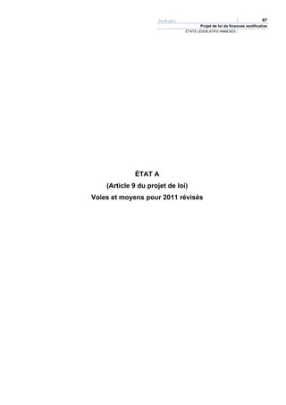 PLFR 2011                                              67
                                         Projet de loi de finances rectificative
                                  ÉTATS LÉGISLATIFS ANNEXÉS




             ÉTAT A
    (Article 9 du projet de loi)
Voies et moyens pour 2011 révisés
 