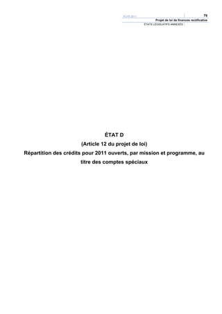 PLFR 2011                                              79
                                                           Projet de loi de finances rectificative
                                                    ÉTATS LÉGISLATIFS ANNEXÉS




                                ÉTAT D
                      (Article 12 du projet de loi)
Répartition des crédits pour 2011 ouverts, par mission et programme, au
                      titre des comptes spéciaux
 