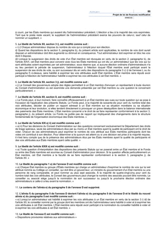 PLFR 2011                                                 89
                                                                                             Projet de loi de finances rectificative
                                                                                                         ANNEXE




à courir, par les États membres qui avaient élu l'administrateur précédent. L'élection a lieu à la majorité des voix exprimées.
Tant que le poste reste vacant, le suppléant de l'administrateur précédent exerce les pouvoirs de celui-ci, sauf celui de
nommer un suppléant. »

5. Le libellé de l'article XII, section 3 i), est modifié comme suit :
« i) i) Chaque administrateur dispose du nombre de voix qui a compté pour son élection.
ii) Quand les dispositions de la section 5, paragraphe b), du présent article sont applicables, le nombre de voix dont aurait
disposé un administrateur doit être augmenté ou diminué en conséquence. Tout administrateur doit exprimer en bloc les voix
dont il dispose.
iii) Lorsque la suspension des droits de vote d'un État membre est révoquée en vertu de la section 2, paragraphe b), de
l'article XXVI, cet État membre peut convenir avec tous les États membres qui ont élu un administrateur que les voix qui lui
sont attribuées soient exprimées par cet administrateur, sous réserve que, si aucune élection ordinaire d'administrateurs n'a
eu lieu pendant la période de suspension, l'administrateur à l'élection duquel l'État membre avait participé avant la
suspension de ses droits de vote, ou son successeur élu en vertu des dispositions du paragraphe 3 c) i) de l'annexe L ou du
paragraphe f) ci-dessus, sera habilité à exprimer les voix attribuées audit État membre. L'État membre sera réputé avoir
participé à l'élection de l'administrateur habilité à exprimer les voix attribuées à cet État membre. »

6. Le libellé de l'article XII, section 3 j), est modifié comme suit :
« j) Le Conseil des gouverneurs adopte des règles permettant à un État membre d'envoyer un représentant à toute réunion
du Conseil d'administration où est examinée une demande présentée par cet État membre ou une question le concernant
particulièrement. »

7. Le libellé de l'article XII, section 8, est modifié comme suit :
« Le Fonds peut, à tout moment, faire connaître officieusement à un État membre ses vues sur toute question qui se pose à
l'occasion de l'application des présents Statuts. Le Fonds peut, à la majorité de soixante-dix pour cent du nombre total des
voix attribuées, décider de publier un rapport adressé à un État membre sur sa situation monétaire ou sa situation
économique et leur évolution, si elles tendent directement à provoquer un grave déséquilibre dans la balance internationale
des paiements des États membres. L'État membre concerné a le droit de se faire représenter conformément à la section 3,
paragraphe j), du présent article. Le Fonds ne publie pas de rapport qui impliquerait des changements dans la structure
fondamentale de l'organisation économique des États membres. »

8. Le libellé de l'article XXI a) ii) est modifié comme suit :
« a) ii) Pour les décisions du Conseil d'administration sur des questions concernant exclusivement le Département des droits
de tirage spéciaux, seuls les administrateurs élus par au moins un État membre ayant la qualité de participant ont le droit de
voter. Chacun de ces administrateurs peut exprimer le nombre de voix attribué aux États membres participants dont les
votes ont contribué à son élection. Pour déterminer si le quorum est atteint ou si une décision est prise à la majorité requise,
il n'est tenu compte que de la présence des administrateurs élus par les États membres ayant la qualité de participants et
des voix attribuées aux États membres ayant cette qualité. »

9. Le libellé de l'article XXIX a) est modifié comme suit :
« a) Toute question d'interprétation des dispositions des présents Statuts qui se poserait entre un État membre et le Fonds
ou entre des États membres est soumise au Conseil d'administration pour décision. Si la question affecte particulièrement un
État membre, cet État membre a la faculté de se faire représenter conformément à la section 3, paragraphe j), de
l'article XII. »

10. Le libellé du paragraphe 1 a) de l'annexe D est modifié comme suit :
« a) Chaque État membre ou groupe d'États membres qui charge un administrateur d'exprimer le nombre de voix qui lui est
attribué nomme au Collège un conseiller, qui doit être un gouverneur, un ministre du gouvernement d'un État membre ou une
personne de rang comparable, et peut nommer au plus sept associés. À la majorité de quatre-vingt-cinq pour cent du
nombre total des voix attribuées, le Conseil des gouverneurs peut changer le nombre des associés pouvant être nommés. Le
conseiller ou associé siège jusqu'à la nomination de son successeur ou jusqu'à la prochaine élection ordinaire des
administrateurs si celle-ci a lieu avant la nomination. »

11. Le contenu de l'alinéa e) du paragraphe 5 de l'annexe D est supprimé.

12. L'alinéa f) du paragraphe 5 de l'annexe D devient l'alinéa e) du paragraphe 5 de l'annexe D et le libellé du nouvel
alinéa e) du paragraphe 5 est modifié comme suit :
« e) Lorsqu'un administrateur est habilité à exprimer les voix attribuées à un État membre en vertu de la section 3 i) iii) de
l'article XII, le conseiller nommé par le groupe dont les membres ont élu l'administrateur sera habilité à voter et à exprimer les
voix attribuées à cet État membre. L'État membre sera réputé avoir participé à la nomination du conseiller habilité à voter et
à exprimer les voix attribuées à cet État membre. »

13. Le libellé de l'annexe E est modifié comme suit :
« Dispositions provisoires relatives aux administrateurs »
 