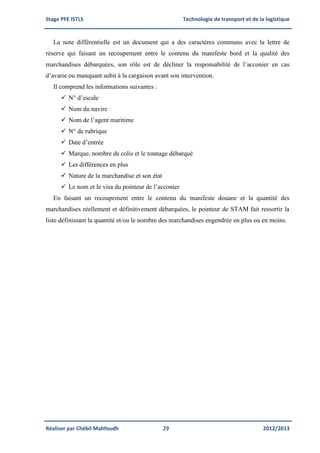 Stage PFE ISTLS Technologie de transport et de la logistique
Réaliser par Chébil Mahfoudh 29 2012/2013
La note différentielle est un document qui a des caractères communs avec la lettre de
réserve qui faisant un recoupement entre le contenu du manifeste bord et la qualité des
marchandises débarquées, son rôle est de décliner la responsabilité de l’acconier en cas
d’avarie ou manquant subit à la cargaison avant son intervention.
Il comprend les informations suivantes :
 N° d’escale
 Nom du navire
 Nom de l’agent maritime
 N° de rubrique
 Date d’entrée
 Marque, nombre de colis et le tonnage débarqué
 Les différences en plus
 Nature de la marchandise et son état
 Le nom et le visa du pointeur de l’acconier
En faisant un recoupement entre le contenu du manifeste douane et la quantité des
marchandises réellement et définitivement débarquées, le pointeur de STAM fait ressortir la
liste définissant la quantité et/ou le nombre des marchandises engendrée en plus ou en moins.
 