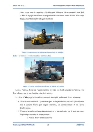 Stage PFE ISTLS Technologie de transport et de la logistique
Réaliser par Chébil Mahfoudh 36 2012/2013
chocs et que toute la cargaison a été débarquée à l’état ou elle se trouvait à bord d’où
la STAM dégage entièrement sa responsabilité concernant toutes avaries. Une copie
de ce dernier transmettre à l’agent maritime.
Figure 21:Déplacement de bobine de tôle vers lieux de stockage
II.1.2 Livraison : l’enlèvement de marchandise.
Figure 22:Chariot élévateur 15 T où cour de charger un camion
Lors de l’arrivée du navire, l’agent maritime envoie à ces clients un préavis d’arrivée pour
leur informer que la marchandise est arrivée au port.
Le client «PAF» paye le fret et l’acconier doit accomplir les listes de tâches suivantes :
 Livrer la marchandise à l’ayant droit après avoir présenté au service Exploitation un
bon à délivrer fourni par l’agent maritime, un connaissement et un relevé
d’enlèvement.
 S’assurer la conformité des documents reçus et les confronter par la suite au carnet
de pointage du navire de débarquement :
o Nom et date d’entrée du navire
 