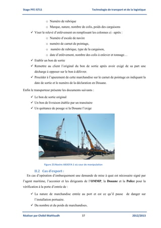 Stage PFE ISTLS Technologie de transport et de la logistique
Réaliser par Chébil Mahfoudh 37 2012/2013
o Numéro de rubrique
o Marque, nature, nombre de colis, poids des cargaisons
 Viser le relevé d’enlèvement en remplissant les colonnes ci –après :
o Numéro d’escale de navire
o numéro de carnet de pointage,
o numéro de rubrique, type de la cargaison,
o date d’enlèvement, nombre des colis à enlever et tonnage…
 Etablir un bon de sortie
 Remettre au client l’original du bon de sortie après avoir exigé de sa part une
décharge à opposer sur le bon à délivrer.
 Procéder à l’apurement de cette marchandise sur le carnet de pointage en indiquant la
date de sortie et le numéro de la déclaration en Douane.
Enfin le transporteur présente les documents suivants :
 Le bon de sortie original
 Un bon de livraison établie par un transitaire
 Un quittance de pesage si la Douane l’exige
Figure 23:Navire AKASYA 1 où cour de manipulation
II.2 Cas d’export :
En cas d’opération d’embarquement une demande de mise à quai est nécessaire signé par
l’agent maritime, l’acconier et les dirigeants de l’OMMP, la Douane et la Police pour la
vérification à la porte d’entrée de :
 La nature de marchandise entrée au port et est ce qu’il pause de danger sur
l’installation portuaire.
 Du nombre et du poids de marchandises.
 