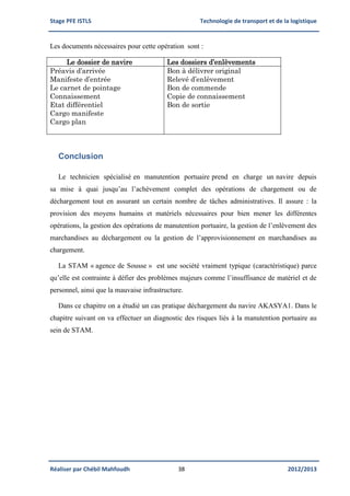 Stage PFE ISTLS Technologie de transport et de la logistique
Réaliser par Chébil Mahfoudh 38 2012/2013
Les documents nécessaires pour cette opération sont :
Le dossier de navire Les dossiers d’enlèvements
Préavis d’arrivée
Manifeste d’entrée
Le carnet de pointage
Connaissement
Etat différentiel
Cargo manifeste
Cargo plan
Bon à délivrer original
Relevé d’enlèvement
Bon de commende
Copie de connaissement
Bon de sortie
Conclusion
Le technicien spécialisé en manutention portuaire prend en charge un navire depuis
sa mise à quai jusqu’au l’achèvement complet des opérations de chargement ou de
déchargement tout en assurant un certain nombre de tâches administratives. Il assure : la
provision des moyens humains et matériels nécessaires pour bien mener les différentes
opérations, la gestion des opérations de manutention portuaire, la gestion de l’enlèvement des
marchandises au déchargement ou la gestion de l’approvisionnement en marchandises au
chargement.
La STAM « agence de Sousse » est une société vraiment typique (caractéristique) parce
qu’elle est contrainte à défier des problèmes majeurs comme l’insuffisance de matériel et de
personnel, ainsi que la mauvaise infrastructure.
Dans ce chapitre on a étudié un cas pratique déchargement du navire AKASYA1. Dans le
chapitre suivant on va effectuer un diagnostic des risques liés à la manutention portuaire au
sein de STAM.
 