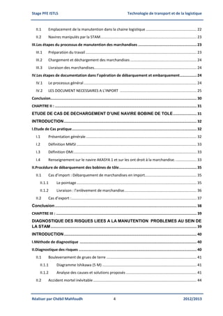 Stage PFE ISTLS Technologie de transport et de la logistique
Réaliser par Chébil Mahfoudh 4 2012/2013
II.1 Emplacement de la manutention dans la chaine logistique ................................................. 22
II.2 Navires manipulés par la STAM............................................................................................. 23
III.Les étapes du processus de manutention des marchandises .................................................... 23
III.1 Préparation du travail ........................................................................................................... 23
III.2 Chargement et déchargement des marchandises ................................................................ 24
III.3 Livraison des marchandises................................................................................................... 24
IV.Les étapes de documentation dans l’opération de débarquement et embarquement............... 24
IV.1 Le processus général............................................................................................................. 24
IV.2 LES DOCUMENT NECESSAIRES A L’INPORT .......................................................................... 25
Conclusion.................................................................................................................................. 30
CHAPITRE II : .............................................................................................................................. 31
ETUDE DE CAS DE DECHARGEMENT D’UNE NAVIRE BOBINE DE TOLE..................... 31
INTRODUCTION...................................................................................................................... 32
I.Etude de Cas pratique............................................................................................................... 32
I.1 Présentation générale........................................................................................................... 32
I.2 Définition MMSI .................................................................................................................... 33
I.3 Définition OMI....................................................................................................................... 33
I.4 Renseignement sur le navire AKASYA 1 et sur les ont droit à la marchandise..................... 33
II.Procédure de débarquement des bobines de tôle..................................................................... 35
II.1 Cas d’import : Débarquement de marchandises en import.................................................. 35
II.1.1 Le pointage.................................................................................................................... 35
II.1.2 Livraison : l’enlèvement de marchandise...................................................................... 36
II.2 Cas d’export :......................................................................................................................... 37
Conclusion .............................................................................................................................. 38
CHAPITRE III : ............................................................................................................................. 39
DIAGNOSTIQUE DES RISQUES LIEES A LA MANUTENTION PROBLEMES AU SEIN DE
LA STAM.................................................................................................................................. 39
INTRODUCTION...................................................................................................................... 40
I.Méthode de diagnostique ........................................................................................................ 40
II.Diagnostique des risques ......................................................................................................... 40
II.1 Bouleversement de grues de terre ....................................................................................... 41
II.1.1 Diagramme Ishikawa (5 M) ........................................................................................... 41
II.1.2 Analyse des causes et solutions proposés .................................................................... 41
II.2 Accident mortel inévitable.................................................................................................... 44
 