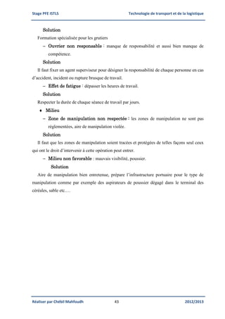 Stage PFE ISTLS Technologie de transport et de la logistique
Réaliser par Chébil Mahfoudh 43 2012/2013
Solution
Formation spécialisée pour les grutiers
 Ouvrier non responsable : manque de responsabilité et aussi bien manque de
compétence.
Solution
Il faut fixer un agent superviseur pour désigner la responsabilité de chaque personne en cas
d’accident, incident ou rupture brusque de travail.
 Effet de fatigue : dépasser les heures de travail.
Solution
Respecter la durée de chaque séance de travail par jours.
 Milieu
 Zone de manipulation non respectée : les zones de manipulation ne sont pas
réglementées, aire de manipulation violée.
Solution
Il faut que les zones de manipulation soient tracées et protégées de telles façons seul ceux
qui ont le droit d’intervenir à cette opération peut entrer.
 Milieu non favorable : mauvais visibilité, poussier.
Solution
Aire de manipulation bien entretenue, prépare l’infrastructure portuaire pour le type de
manipulation comme par exemple des aspirateurs de poussier dégagé dans le terminal des
céréales, sable etc.…
 
