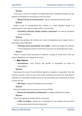 Stage PFE ISTLS Technologie de transport et de la logistique
Réaliser par Chébil Mahfoudh 46 2012/2013
Solution
Il faut que la vitesse de circulation soit réglementée dans l’installation portuaire par des
panneaux de limitation de vitesse dans les zones de travail.
 Manque d’outil de communication : type de communication bouche oreille.
Solution
Rendre le type de communication plus moderne et à l’aide d’appareil désigné à la
communication et pour éliminer toutes conflit ou mal entendue.
 Circulation arbitraire d’engin roulant et personnel : les zones de circulation
ne sont pas précises.
Solution
Implanter des panneaux de limitation des zones de manipulation pour chaque navire et
pour chaque type d’opérations.
 Technique grues marchandise non adapté : sélection de charge non conforme
à l’état d’équipement actuel ou utiliser des accessoires non homologue pour la grue.
Solution
Utiliser le manuel d’aide constructeur et respecter la marge de sécurité pour éviter tout
risque et dégradation sur la démarche de travail.
 Main d’œuvre
 Incompétents : main d’œuvre non qualifié et incompétent en termes de
responsabilité :
Solution
Recrutement des mains d’œuvre(Dockers) spécialisé compétant et responsable. Faire des
tests pour le grutier, ouvrier en cale, ouvrier à quai, treuilliste parce que tous les intervenants à
l’opération de manutention portuaire jouent un rôle primordiale pour la démarche du travail
en toutes sécurité
 Mal formé : manque de formation pour les Dockers.
Solution
Faire des formations pour les ouvriers ou sein de la STAM.
 Erreurs de transmission d’information : exemple conducteur mal adressé.
Solution
Utiliser des appareils de communication si nécessaire.
 L’effet de fatigue : troubles de la musculature ou du squelette tels que lésions
dorsales permanentes ou lésions musculaires.
 