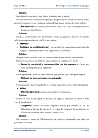Stage PFE ISTLS Technologie de transport et de la logistique
Réaliser par Chébil Mahfoudh 50 2012/2013
Solution
Bien choisir les ouvriers c’est un facteur primordial pour la réussite.
Faire des tests écrits et des exercices pratiques (préparés par les anciens ouvriers ou autres
qui ont la compétence) pour s’informer sur la qualité de chaque membre de nos travailleurs.
 Mal adresser : la communication bouche oreille au à l’aide des significations ou
des gestes est insuffisante.
Solution
Rendre la communication plus performante à l’aide des appareils d’émission par signale
radio ou autres pour éviter tout conflit et mal entendu.
 Méthode
 Problème de visibilité (limitée) : par exemple il y a des obstacles qui limitent la
marge de visibilité en hauteur ou en largeur pour les chauffeurs.
Solution
Dégager tous les obstacles situés aux lieux du travail et dans les voies de circulation.
Organiser les zones du travail (poste à quai, magasin de stockage, terre-plein).
 Zones de manipulation non respectées par les passagers : l’accès aux
zones de manipulation non réglementé
Solution
Il faut réglementer l’accès aux zones du travail quel que soit : quai, terre-plein magasin.
 Méthode de communication non adéquate :
Solution
Communiquer à l’aide de signal radio et avoir une signalisation visible de treuilliste/grutier
 Milieu
 Milieu non protégé : exemple milieu de travail non protégé.
Solution
Limiter les zones du travail par des postures, des lignes de séparation sur terrain et autre
types de signalisation.
 Dangereux : milieu de travail dangereux comme par exemple en cas de
déchargement de bloc de marbre, il y a risque de glissement des ouvriers qui se
déplace sur les marbres situés dans les cales de navire.
Solution
Faire attention et porter les EPI (équipement de protection individuelle) pour éviter les
glissements et le chute.
 