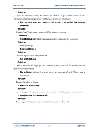 Stage PFE ISTLS Technologie de transport et de la logistique
Réaliser par Chébil Mahfoudh 53 2012/2013
Solution
Choisir le personnel suivant des critères de sélection un peu server comme un test
théorique et une autre pratique avant l’embauchage de nouveau travailleurs.
 Ne respecte pas les règles constructeur pour définir les pannes
machine :
Solution
Respecter les règles constructrices pour définir les pannes machine.
 Matériel
 Capotages, paravent : risque de détruiraient moteurs par les poussières
Solution
Fermer le capotage.
 Non entretenue :
Solution
Entretenir régulièrement les équipements.
 Sur exploitation :
Solution
Procéder au cahier de charge qui fixe le nombre d’heures de travail par semaine pour les
grues mobiles télescopique.
 Mal utilisés : utilisées la grue en dehors de marge de sécurité désigner par le
constructeur.
Solution
Respecter le cahier de charge.
 Pression insuffisante :
Solution
Laisser le capteur de pression en marche pour localiser préventivement la panne machine.
 Compresseur fonctionne mal :
Solution
Diagnostiquer l’état de machine avant l’utilisation aux lieux de travail.
 