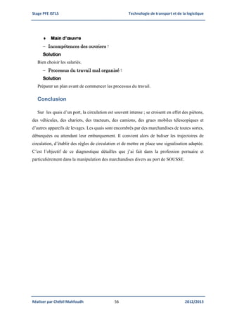 Stage PFE ISTLS Technologie de transport et de la logistique
Réaliser par Chébil Mahfoudh 56 2012/2013
 Main d’œuvre
 Incompétences des ouvriers :
Solution
Bien choisir les salariés.
 Processus du travail mal organisé :
Solution
Préparer un plan avant de commencer les processus du travail.
Conclusion
Sur les quais d’un port, la circulation est souvent intense ; se croisent en effet des piétons,
des véhicules, des chariots, des tracteurs, des camions, des grues mobiles télescopiques et
d’autres appareils de levages. Les quais sont encombrés par des marchandises de toutes sortes,
débarquées ou attendant leur embarquement. Il convient alors de baliser les trajectoires de
circulation, d’établir des règles de circulation et de mettre en place une signalisation adaptée.
C’est l’objectif de ce diagnostique détailles que j’ai fait dans la profession portuaire et
particulièrement dans la manipulation des marchandises divers au port de SOUSSE.
 