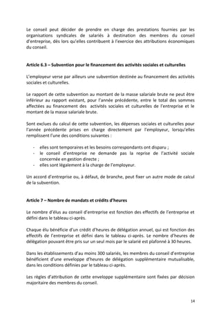 Le conseil peut décider de prendre en charge des prestations fournies par les
organisations syndicales de salariés à destination des membres du conseil
d’entreprise, dès lors qu’elles contribuent à l’exercice des attributions économiques
du conseil.
Article 6.3 – Subvention pour le financement des activités sociales et culturelles
L’employeur verse par ailleurs une subvention destinée au financement des activités
sociales et culturelles.
Le rapport de cette subvention au montant de la masse salariale brute ne peut être
inférieur au rapport existant, pour l’année précédente, entre le total des sommes
affectées au financement des activités sociales et culturelles de l’entreprise et le
montant de la masse salariale brute.
Sont exclues du calcul de cette subvention, les dépenses sociales et culturelles pour
l’année précédente prises en charge directement par l’employeur, lorsqu’elles
remplissent l’une des conditions suivantes :
- elles sont temporaires et les besoins correspondants ont disparu ;
- le conseil d’entreprise ne demande pas la reprise de l’activité sociale
concernée en gestion directe ;
- elles sont légalement à la charge de l’employeur.
Un accord d’entreprise ou, à défaut, de branche, peut fixer un autre mode de calcul
de la subvention.
Article 7 – Nombre de mandats et crédits d’heures
Le nombre d’élus au conseil d’entreprise est fonction des effectifs de l’entreprise et
défini dans le tableau ci-après.
Chaque élu bénéficie d’un crédit d’heures de délégation annuel, qui est fonction des
effectifs de l’entreprise et défini dans le tableau ci-après. Le nombre d’heures de
délégation pouvant être pris sur un seul mois par le salarié est plafonné à 30 heures.
Dans les établissements d’au moins 300 salariés, les membres du conseil d’entreprise
bénéficient d’une enveloppe d’heures de délégation supplémentaire mutualisable,
dans les conditions définies par le tableau ci-après.
Les règles d’attribution de cette enveloppe supplémentaire sont fixées par décision
majoritaire des membres du conseil.
14
 