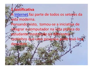1 JustificativaA Internet faz parte de todos os setores da vida moderna. Pensando nisto,  tomou-se a iniciativa de integrar o computador na vida prática do estudante mostrando os diferentes caminhos que uma pesquisa pode levá-lo a descobrir.