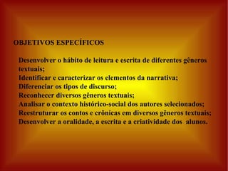 OBJETIVOS ESPECÍFICOS Desenvolver o hábito de leitura e escrita de diferentes gêneros textuais; Identificar e caracterizar os elementos da narrativa; Diferenciar os tipos de discurso; Reconhecer diversos gêneros textuais; Analisar o contexto histórico-social dos autores selecionados; Reestruturar os contos e crônicas em diversos gêneros textuais; Desenvolver a oralidade, a escrita e a criatividade dos  alunos. 