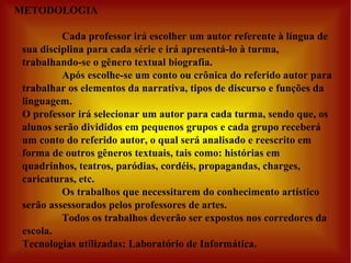 METODOLOGIA   Cada professor irá escolher um autor referente à língua de sua disciplina para cada série e irá apresentá-lo à turma, trabalhando-se o gênero textual biografia.   Após escolhe-se um conto ou crônica do referido autor para trabalhar os elementos da narrativa, tipos de discurso e funções da linguagem. O professor irá selecionar um autor para cada turma, sendo que, os alunos serão divididos em pequenos grupos e cada grupo receberá um conto do referido autor, o qual será analisado e reescrito em forma de outros gêneros textuais, tais como: histórias em quadrinhos, teatros, paródias, cordéis, propagandas, charges, caricaturas, etc.   Os trabalhos que necessitarem do conhecimento artístico serão assessorados pelos professores de artes.   Todos os trabalhos deverão ser expostos nos corredores da escola. Tecnologias utilizadas: Laboratório de Informática.   