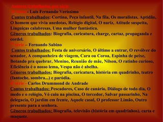 Autores trabalhados por série  8ª Série  - Luís Fernando Veríssimo    Contos trabalhados : Cortina, Peça infantil, Na fila, Os moralistas, Aptidão, O homem que vivia anedotas, Relógio digital, O nariz, Atitude suspeita, Linguiças calabresas, Uma mulher fantástica. Gêneros trabalhados : Biografia, caricatura, charge, cartaz, propaganda e cordel.  7ª série  – Fernando Sabino   Contos trabalhados:  Festa de aniversário, O último a entrar, O revólver do senador, A companheira de viagem, Cara ou Coroa, Espinha de peixe, Botando pra quebrar, Menino, Reunião de mãe, Nilson, O ratinho curioso, Eficiência é o nosso lema, Vespa não é abelha. Gêneros trabalhados:  Biografia, caricatura, história em quadrinho, teatro (fantoche, sombra...) e paródia. 6ª série -  Carlos Drummond de Andrade Contos trabalhados:  Pescadores, Caso de canário, Diálogo de todo dia, O medo e o relógio, Vó caiu na piscina, O torcedor, Salvar passarinho, Na delegacia, O jardim em frente, Aquele casal, O professor Limão, Outro presente para a senhora. Gêneros trabalhados:  Biografia, televisão (história em quadrinhos), carta e maquete.  