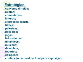 Estratégias: .conversa dirigida; .relatos; .comentários; .leituras; .expressão escrita; .filmes; .palestras; .passeios; .jogos; .brincadeiras; .dinâmicas; .músicas; .desenhos; .recortes; .colagens; .confecção de produto final para exposição. 
