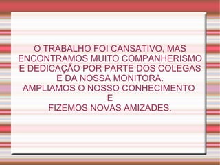 O TRABALHO FOI CANSATIVO, MAS ENCONTRAMOS MUITO COMPANHERISMO E DEDICAÇÃO POR PARTE DOS COLEGAS E DA NOSSA MONITORA. AMPLIAMOS O NOSSO CONHECIMENTO  E FIZEMOS NOVAS AMIZADES. 