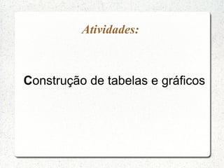 Atividades:



Construção de tabelas e gráficos
 