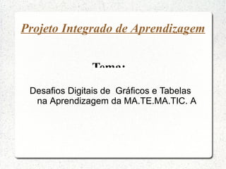 Projeto Integrado de Aprendizagem


               Tema:
 Desafios Digitais de Gráficos e Tabelas
  na Aprendizagem da MA.TE.MA.TIC. A
 