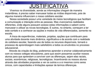 JUSTIFICATIVA
     Vivemos na diversidade, aonde as informações chegam de maneira
instantânea, é preciso saber manusear todas as mídias disponíveis, pois de
alguma maneira influenciam o nosso cotidiano escolar.
     Nossa sociedade possuí uma variedade de meios tecnológicos que facilitam
a comunicação e interação entre as pessoas. Mas vivenciamos realidades
diferentes, onde alguns possuem acesso estas informações e sabem como
manusear e utilizar as novas tecnologias. E outros, no entanto, começam a ter
este contato e a conhecer as opções e modos de vida diferenciados, somente na
escola.
     A troca de experiências, materiais, projetos, opções que contribuam para
uma atividade docente mais dinâmica, significativa e de acordo com a realidade
do cotidiano escolar, fazendo uso de todos os recursos disponíveis, tornará o
processo de aprendizagem mais satisfatório a todos os envolvidos no processo
educacional.
    Através da criação do blog, poderemos aprender e ensinar colaborativamente
com os nossos colegas educadores, para que assim possamos auxiliar nossos
alunos para que aprendam a conviver com as diferenças, sejam elas raciais,
sociais, econômicas, religiosas, tecnológicas. Incentivando os nossos alunos
através das atividades propostas a ver os outros e a si mesmos como seres
únicos, com capacidades e limitações apesar de termos diferenças.
 
