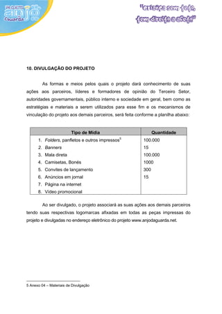 10. DIVULGAÇÃO DO PROJETO


         As formas e meios pelos quais o projeto dará conhecimento de suas
ações aos parceiros, líderes e formadores de opinião do Terceiro Setor,
autoridades governamentais, público interno e sociedade em geral, bem como as
estratégias e materiais a serem utilizados para esse fim e os mecanismos de
vinculação do projeto aos demais parceiros, será feita conforme a planilha abaixo:


                         Tipo de Mídia                          Quantidade
      1. Folders, panfletos e outros impressos5           100.000
      2. Banners                                          15
      3. Mala direta                                      100.000
      4. Camisetas, Bonés                                 1000
      5. Convites de lançamento                           300
      6. Anúncios em jornal                               15
      7. Página na internet
      8. Vídeo promocional

         Ao ser divulgado, o projeto associará as suas ações aos demais parceiros
tendo suas respectivas logomarcas afixadas em todas as peças impressas do
projeto e divulgadas no endereço eletrônico do projeto www.anjodaguarda.net.




5 Anexo 04 – Materiais de Divulgação
 
