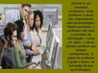 Ensinar é um
processo
construtivo, onde
professor e aluno
são responsáveis
pela aprendizagem.
Nesse processo, o
professor não será
o provedor da
informação – como
um sábio , o aluno
deverá construir seu
próprio
conhecimento. O
papel do professor
é guiar o aluno na
formação de sua
aprendizagem.
 