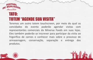 Teremos um outro totem touchscreen, por meio do qual os
convidados do evento poderão agendar visitas com
representantes comerciais da Minerva Foods em suas lojas.
Eles também poderão se inscrever para participar da visita ao
frigorífico de carnes e conhecer mais sobre o processo de
armazenagem, conservação, separação e entrega dos
produtos.
TATO:
TOTEM “AGENDE SUA VISITA”
 