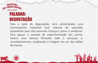 Para a ação de degustação, será contemplada uma
churrasqueira industrial com sistema de exaustão,
justamente para não acumular fumaça e poluir o ambiente.
Para aguçar a vontade de experimentação das carnes,
haverá uma câmera filmando todo o processo e,
simultaneamente, projetando a imagem em um dos telões
do evento.
PALADAR:
DEGUSTAÇÃO
 