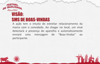 A ação tem o intuito de estreitar relacionamento da
marca com o convidado. Ao chegar no local, um sinal
detectará a presença do aparelho e automaticamente
enviará uma mensagem de “Boas-Vindas” ao
participante.
VISÃO:
SMS DE BOAS-VINDAS
 