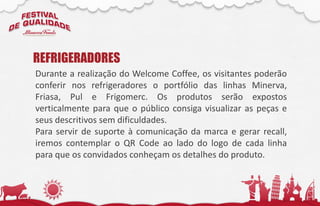 REFRIGERADORES
Durante a realização do Welcome Coffee, os visitantes poderão
conferir nos refrigeradores o portfólio das linhas Minerva,
Friasa, Pul e Frigomerc. Os produtos serão expostos
verticalmente para que o público consiga visualizar as peças e
seus descritivos sem dificuldades.
Para servir de suporte à comunicação da marca e gerar recall,
iremos contemplar o QR Code ao lado do logo de cada linha
para que os convidados conheçam os detalhes do produto.
 