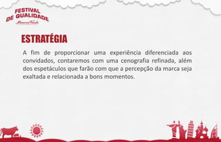 A fim de proporcionar uma experiência diferenciada aos
convidados, contaremos com uma cenografia refinada, além
dos espetáculos que farão com que a percepção da marca seja
exaltada e relacionada a bons momentos.
ESTRATÉGIA
 