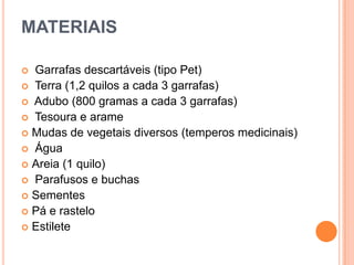 MATERIAIS
Garrafas descartáveis (tipo Pet)
 Terra (1,2 quilos a cada 3 garrafas)
 Adubo (800 gramas a cada 3 garrafas)
 Tesoura e arame
 Mudas de vegetais diversos (temperos medicinais)
 Água
 Areia (1 quilo)
 Parafusos e buchas
 Sementes
 Pá e rastelo
 Estilete


 