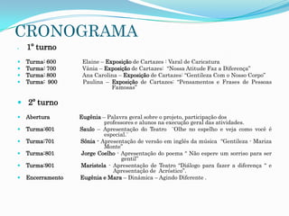 CRONOGRAMA


1º turno






Turma: 600
Turma: 700
Turma: 800
Turma: 900

Elaine – Exposição de Cartazes : Varal de Caricatura
Vânia – Exposição de Cartazes: “Nossa Atitude Faz a Diferença”
Ana Carolina – Exposição de Cartazes: “Gentileza Com o Nosso Corpo”
Paulina – Exposição de Cartazes: “Pensamentos e Frases de Pessoas
Famosas”

 2º turno


Abertura



Turma:601



Turma:701



Turma:801



Turma:901



Encerramento

Eugênia – Palavra geral sobre o projeto, participação dos
professores e alunos na execução geral das atividades.
Saulo – Apresentação do Teatro ¨Olhe no espelho e veja como você é
especial.¨
Sônia - Apresentação de versão em inglês da música “Gentileza - Mariza
Monte”
Jorge Coelho - Apresentação do poema “ Não espere um sorriso para ser
gentil”
Maristela - Apresentação de Teatro “Diálogo para fazer a diferença “ e
Apresentação de Acróstico”.
Eugênia e Mara – Dinâmica – Agindo Diferente .

 