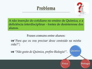Problema
A não inserção do cotidiano no ensino de Química, e a
deficiência interdisciplinar - fontes de desinteresse dos
alunos.
Frases comuns entre alunos:
“Para que eu vou precisar desse conteúdo na minha
vida?”;
 “Não gosto de Química, prefiro Biologia!”.
Física Biologia
Química
 