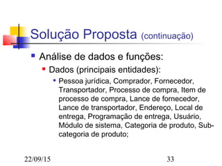 22/09/15 33
Solução Proposta (continuação)
 Análise de dados e funções:
 Dados (principais entidades):

Pessoa jurídica, Comprador, Fornecedor,
Transportador, Processo de compra, Item de
processo de compra, Lance de fornecedor,
Lance de transportador, Endereço, Local de
entrega, Programação de entrega, Usuário,
Módulo de sistema, Categoria de produto, Sub-
categoria de produto;
 