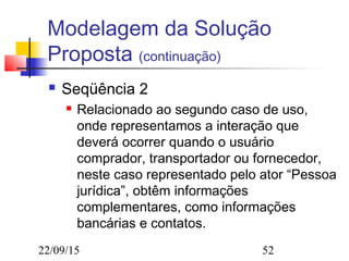 22/09/15 52
Modelagem da Solução
Proposta (continuação)
 Seqüência 2
 Relacionado ao segundo caso de uso,
onde representamos a interação que
deverá ocorrer quando o usuário
comprador, transportador ou fornecedor,
neste caso representado pelo ator “Pessoa
jurídica”, obtêm informações
complementares, como informações
bancárias e contatos.
 
