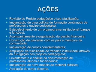 AÇÕES Revisão do Projeto pedagógico e sua atualização. Implantação de uma política de formação continuada de professores e equipe pedagógica; Estabelecimento de um organograma institucional (cargos e funções); Acompanhamento e organização da gestão financeira; Construção de parcerias com os pais e membros da comunidade; Implantação de cursos complementares; Ampliação da visibilidade do trabalho institucional através da divulgação dos projetos pedagógicos; Levantamento e análise da documentação de professores, alunos e funcionários; Implantação de novo modelo de material didático; Avaliação do corpo docente. 