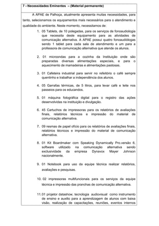 7 - Necessidades Eminentes – (Material permanente)
A APAE de Palhoça, atualmente apresenta muitas necessidades, para
tanto, selecionamos os equipamentos mais necessários para o atendimento e
qualidade do ambiente. Neste momento, necessitamos de:
1. 05 Tablets, de 10 polegadas, para os serviços de fonoaudiologia
que necessita deste equipamento para as atividades de
comunicação alternativa. A APAE possui quatro fonoaudiólogas
sendo 1 tablet para cada sala de atendimento e um para a
professora de comunicação alternativa que atende os alunos.
2. 01 microondas para a cozinha da Instituição onde são
preparadas diversas alimentações especiais, e para o
aquecimento de mamadeiras e alimentações pastosas.
3. 01 Cafeteira industrial para servir no refeitório o café sempre
quentinho e trabalhar a independência dos alunos.
4. 05 Garrafas térmicas, de 5 litros, para levar café e leite nos
passeios para os educandos.
5. 01 máquina fotográfica digital para o registro das ações
desenvolvidas na instituição e divulgação.
6. 45 Cartuchos de impressoras para os relatórios de avaliações
finais, relatórios técnicos e impressão do material de
comunicação alternativa.
7. 09 resmas de papel ofício para os relatórios de avaliações finais,
relatórios técnicos e impressão do material de comunicação
alternativa.
8. 01 Kit Boardmaker com Speaking Dynamically Pro.versão 6,
software utilizado na comunicação alternativa sendo
exclusividade da empresa Dynavox Mayer Johnson
nacionalmente.
9. 01 Notebook para uso da equipe técnica realizar relatórios,
avaliações e pesquisas.
10. 02 impressoras multifuncionais para os serviços da equipe
técnica e impressão das pranchas de comunicação alternativa.
11.01 projetor datashow, tecnologia audiovisual como instrumento
de ensino e auxilio para a aprendizagem de alunos com baixa
visão, realização de capacitações, reuniões, eventos internos
 