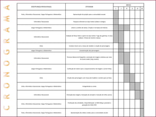 MESES
               DISCIPLINA(S) ENVOLVIDA(S)                                                        ATIVIDADE
                                                                                                                                                 J   J   A       S   O   N


Artes, Informática Educacional, Língua Portuguesa e Matemática              Apresentação do projeto para a comunidade escolar



                   Informática Educacional                                  Pesquisa referente ao stop motion (vídeos e artigos)



               Língua Portuguesa e Matemática                            Leitura e análise de textos; Criação e recriação de histórias




                                                                 Exibição de filmes feitos a partir de stop motion: Fuga das galinhas; A noiva
                   Informática Educacional
                                                                                     cadáver; A festa do monstro maluco




                            Artes                                    Contato inicial com a massa de modelar e criação de personagens


               Língua Portuguesa e Matemática                                          Caracterização dos personagens



                                                                  Técnicas básicas de fotografia e animação de imagens estáticas por meio
                   Informática Educacional
                                                                                        do movie maker (stop motion)




               Língua Portuguesa e Matemática                     Confecção de roteiro para o sequenciamento de imagens a serem feitas




                            Artes                                 Criação dos personagens com massa de modelar e cenário para as fotos




Artes, Informática Educacional, Língua Portuguesa e Matemática                             Fotografando as cenas




                   Informática Educacional                       Animação das imagens; Gravação da narração e inserção de trilha sonora.




                                                                   Finalização das atividades; Disponibilização na WEB (blog e youtube) e
Artes, Informática Educacional, Língua Portuguesa e Matemática
                                                                                           gravação de mídia DVD




Artes, Informática Educacional, Língua Portuguesa e Matemática          Apresentação dos vídeos criados para a comunidade escolar
 
