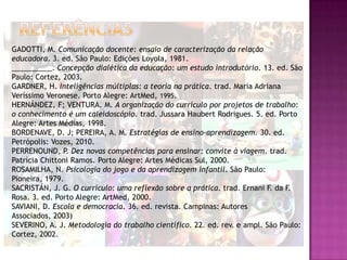 GADOTTI, M. Comunicação docente: ensaio de caracterização da relação
educadora. 3. ed. São Paulo: Edições Loyola, 1981.
__________. Concepção dialética da educação: um estudo introdutório. 13. ed. São
Paulo: Cortez, 2003.
GARDNER, H. Inteligências múltiplas: a teoria na prática. trad. Maria Adriana
Veríssimo Veronese. Porto Alegre: ArtMed, 1995.
HERNÁNDEZ, F; VENTURA. M. A organização do currículo por projetos de trabalho:
o conhecimento é um caleidoscópio. trad. Jussara Haubert Rodrigues. 5. ed. Porto
Alegre: Artes Médias, 1998.
BORDENAVE, D. J; PEREIRA, A. M. Estratégias de ensino-aprendizagem. 30. ed.
Petrópolis: Vozes, 2010.
PERRENOUND, P. Dez novas competências para ensinar: convite à viagem. trad.
Patrícia Chittoni Ramos. Porto Alegre: Artes Médicas Sul, 2000.
ROSAMILHA, N. Psicologia do jogo e da aprendizagem infantil. São Paulo:
Pioneira, 1979.
SACRISTÁN, J. G. O currículo: uma reflexão sobre a prática. trad. Ernani F. da F.
Rosa. 3. ed. Porto Alegre: ArtMed, 2000.
SAVIANI, D. Escola e democracia. 36. ed. revista. Campinas: Autores
Associados, 2003)
SEVERINO, A. J. Metodologia do trabalho científico. 22. ed. rev. e ampl. São Paulo:
Cortez, 2002.
 